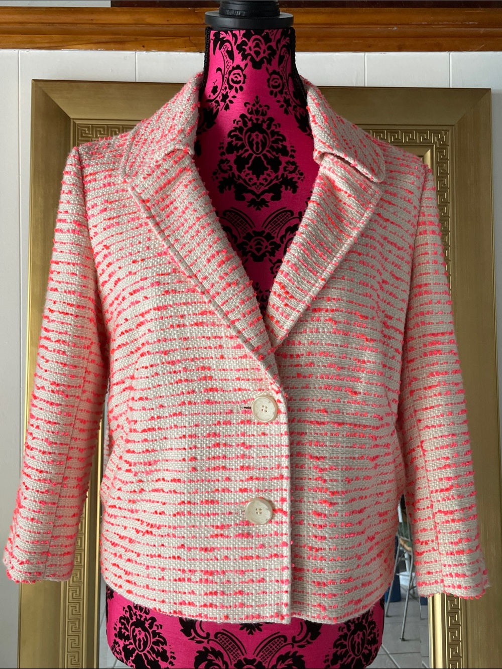 Halogen Pink and Cream Cropped Tweed Blazer